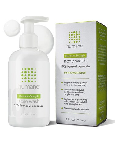 humaneMaximum-Strength Acne Wash - 10% Benzoyl Peroxide Acne Treatment for Face, Skin, Butt, Back and Body - 8 Fl Oz - Dermatologist-Tested Non-Foaming Cleanser - Vegan, Cruelty-Free