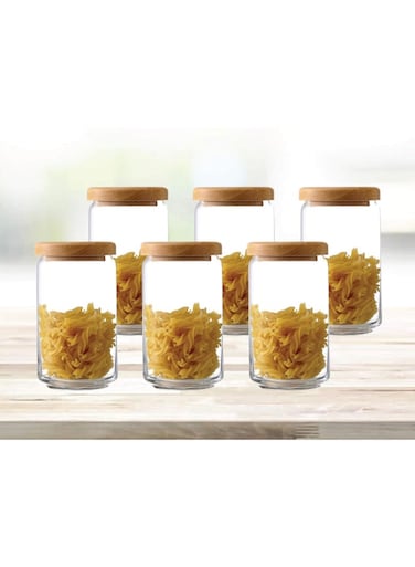 6-Piece Pop Jar Set With Wooden Lid Clear/Brown 1000ml