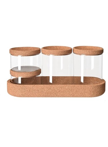 LUCKTE 4 pack Glass Qtip Holder Dispenser,Apothecary Jars with Vanity Tray for Cotton Balls,Cotton Swabs,Cotton Round Pads,Hair Ties,Apothecary Jars Set for Canisters