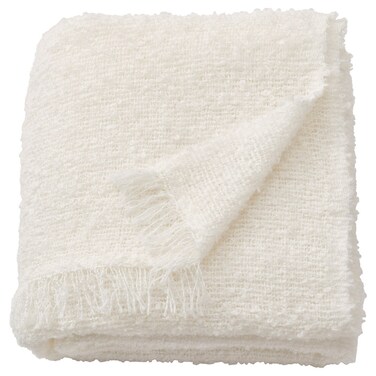 Crinkle-Knit Recycled Polyester Throw with Fringes, Off-White, 130x170 cm