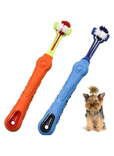 2 Pcs Pet Toothbrush, Three Sided Pet Toothbrush Dog Brush Bad Breath Tartar Teeth Care Dog Cat Cleaning Mouth, 360 Pet Puppy Kitten Toothbrush Tongue Cleaning Brush, Dental Care for Pets(Orange+Blue)