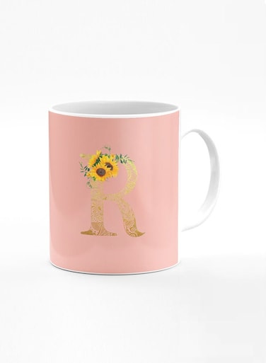 Designer Printed Coffee Mug 11oz Ceramic Personalised Gift Mugs Cup Custom Monogram Initial Letter Floral Pattern Alphabet R (Hot Pink)