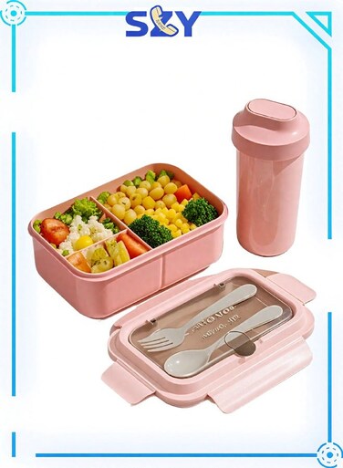 ZYouth Lunch Box 4 sets, Bento Lunch Box for kids &amp; Adults, Lunch Containers with 480 ML Water Cup,Spoon and Fork BPA Free, Pink