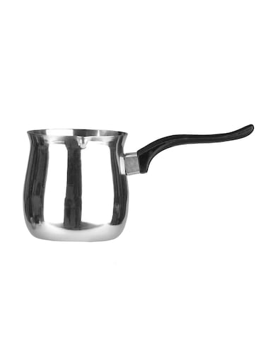 750ml Premium Stainless Steel Coffee Warmer Pot with Black Ergonomic Grip Handle, Multipurpose Turkish Cezve Milk Heater Butter Melting Jug Dishwasher Safe Silver