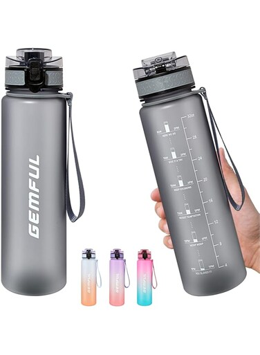 GEMFUL Water Bottle 1L with Straw Time Marker Tritan BPA Free for Fitness Gym Outdoor Sports (Gray)