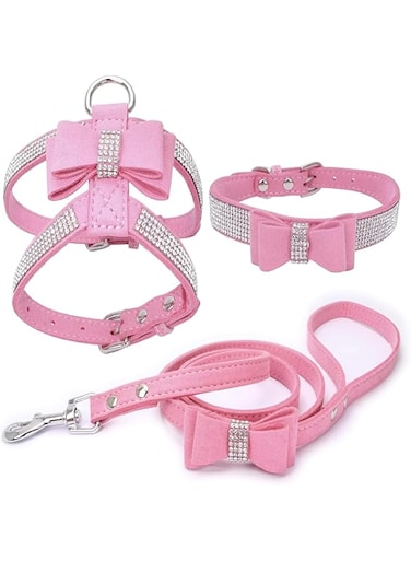 ALMEKAQUZ Dog Harness,Rhinestone Dog Harness Bowtie and Leash Set,Pet Harness Vest with Bowknot,Adjustable Basic Harness Detachable,Cat Collar for Pet Puppy Kitten(Pack of 3)