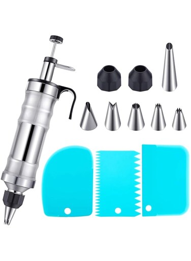 Patelai Cake Decorating Syringe Set, Stainless Steels Dessert Frosting Piping Kit with 6 Icing Piping Tips 3 Cream Scraper for Cupcake Decorating Tools(Black, Blue)
