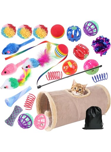Muamos Cat Toys 24Pcs Set Interactive Accessories Kit for Indoor Cats Kittens Cat Tunnel, Catnip Mouse, Balls, Feather, Teaser Wand for Biting, Chasing, Exercise