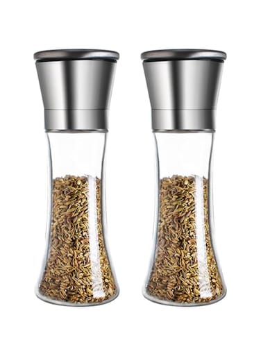 TOMVAES Salt and Pepper Grinder Set, 304 Stainless Steel with Clear Lead-Free Glass, 6x6x20 cm, Adjustable Coarse or Fine Grinding, Dustproof and Hygienic with Smooth Ergonomic Handle