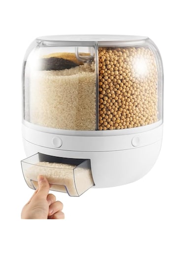 Rice Dispenser, 22Lbs Grain Storage Container Dispenser, 360&deg;Rotation &amp; One-Click Output Grain Container With 6 Compartments Kitchen Household Cereal Dispenser for Small Grains, Beans, Rice (White A)