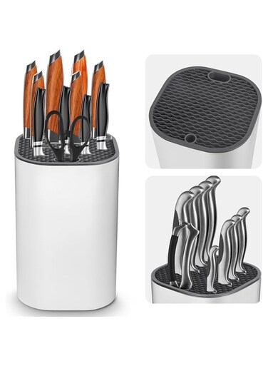 Knife Block Without Knives Ninonly 2 in 1 Universal Square Knife Block for Kitchen with Scissors Slot Space Saving Detachable Knives Holder Storage Block for Protecting Blade Easy Cleaning（White）