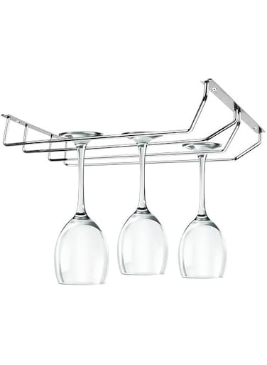 Sulfar Double Self Adhesive Wine Glass Rack/Holder Upside Down Glass Hanging Organizer/Wine Glass Holder for Pubs/Kitchen/Bars (Silver) Pack of 1