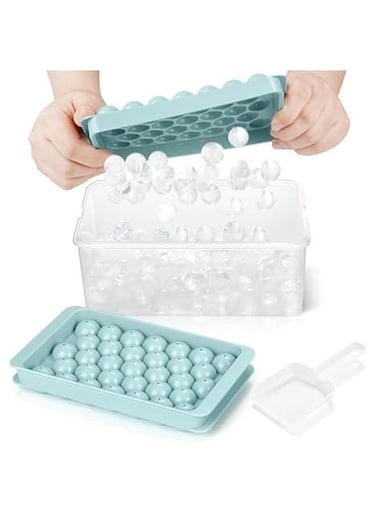 Ice Cube Tray for Freezer with Lid &amp; Bin, Round Ice Cube Mold with Container, Mini Circle Ice Cube Tray Making Sphere Ice Chilling Cocktail Tea Coffee (2 Trays 1 Ice Bucket &amp; Scoop) (Blue)