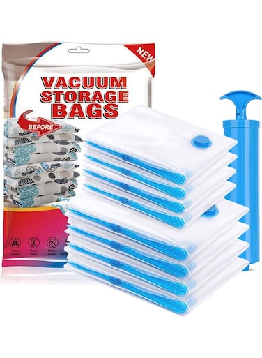 8-Pack Reusable Vacuum Storage Bags With Travel Hand Pump White/Blue 80x100cm