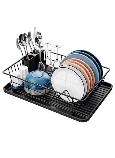 Single Tier Dish Rack with Drain Tray &amp; Utensil Holder T114611&acirc;&euro;&ldquo; Rust Resistant Iron Wire and Carbon Steel Dish Drainer, Space Saving Kitchen Organizer for Plates, Cups &amp; Bowls &acirc;&euro;&ldquo; Black 43x31x14cm