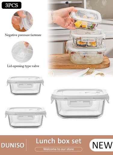 3 PCS Glass Lunch Box, Leak-Proof Bento-Style Food Container with Airtight Lid and Divided, Reusable Airtight Food Storage Box, Food Storage Containers for Microwave, Oven, Freezer and Dishwasher, Glass Meal Prep Containers for Storage/Food Container/Bento Lunch Box