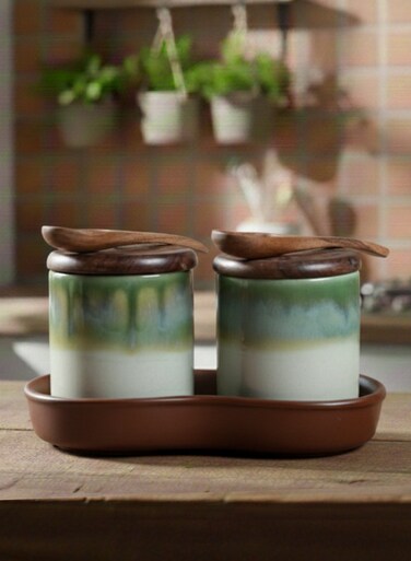 And Twine Beige Ombre Ceramic Spice Jar with Tray Set of 2