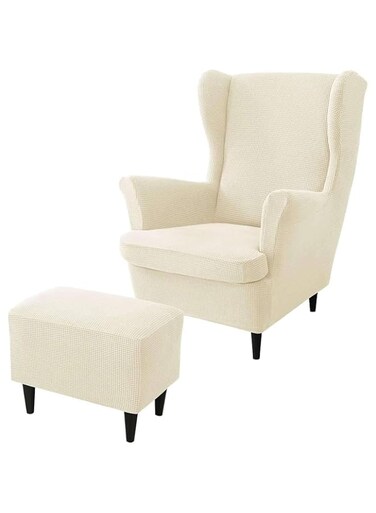 Stretch Wingback Chair Covers, Wingback Chair Cover + Seater Cushion Cover + Ottoman Cover, with Elastic Bottom,Beige