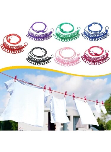 Portable Elastic Windproof Clothesline with 12 Clips for Indoor &amp; Outdoor Laundry Drying