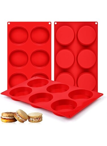 CENXI Muffin Top Pan, Silicone Egg Molds for Breakfast Sandwiches 3 Inch Round Silicone Egg Pan for Baking English muffins, Whoopie Pies, Corn Bread, Egg bites, Tarts 3 Pack (red)