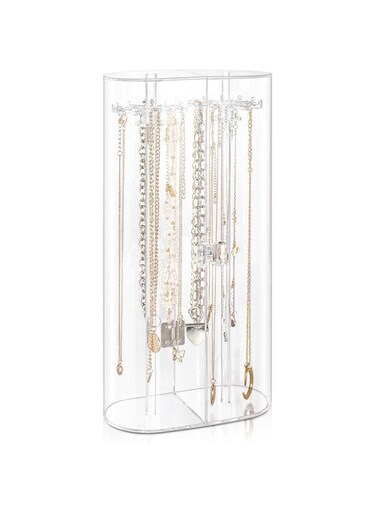 Acrylic Necklace Holder, Clear Necklace Organizer with 24 Hooks, Dustproof Rotation Jewelry Storage Holder Stand, Long Necklaces Pendant Bracelets Display Case for Dresser Bathroom Vanity Countertop