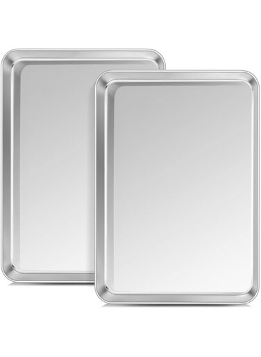 Joyfair Baking Tray, 100% Stainless Steel Oven Tray Set of 2, Large Cookie Sheet Pan for Baking Cooking Roasting, Non Toxic &amp; Rust Free, Mirror Finished &amp; Dishwasher Safe, 40x30x2.5cm