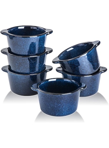 VICRAYS Creme Brulee Ramekins Ceramic Bowls - Mini Custard Cups 8 oz oven Safe Bowls Souffle Dishes for Baking Individual Casserole Dipping Sauce Pioneer Woman Bakeware Set of 6, Blue