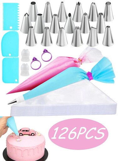 Pcs Cake Decorating Kit with 100 Anti Burst Piping Bags 18 Tips 1 Reusable Pastry Bag 3 Scrapers 2 Couplers 2 Ties Perfect for Home Baking Eid Parties Birthdays Weddings Bakery DIY