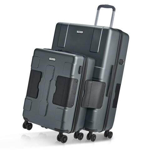 TACH Connectable 2 Pcs Luggage Set   20&quot; &amp; 28&quot; Spinner Luggage with TSA Locks   Hard Shell  Patented Built-In Connecting System Easily Links 6 Bags - Grey
