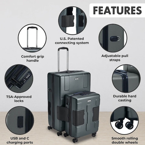 TACH Connectable 2 Pcs Luggage Set   20&quot; &amp; 28&quot; Spinner Luggage with TSA Locks   Hard Shell  Patented Built-In Connecting System Easily Links 6 Bags - Grey