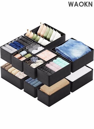 Non woven socks, bras, underwear drawer style clothing storage boxes, 12 sets of foldable underwear drawer storage boxes and closet dividers, clothing storage boxes, can be used to store socks, underwear, etc. black