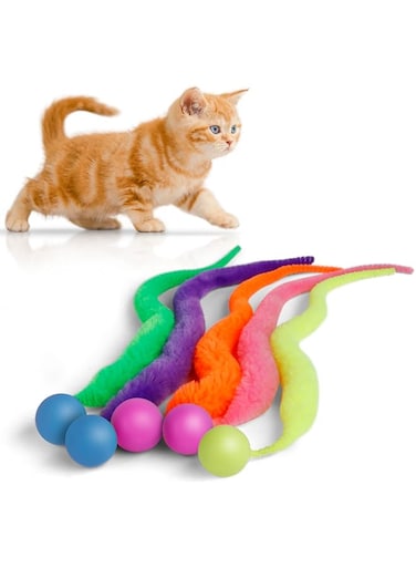 SHENGSEN Bouncy Tails Cat Toys-5 Packs,Magic Worm with Ball Toy for Cats,Fuzzy Worm Bouncy Balls Cat Toy