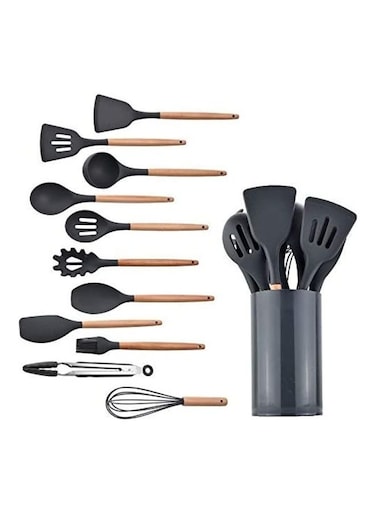 11-Piece Silicone Wooden Handle Kitchen Utensil Set With Holder Grey/Brown One Size
