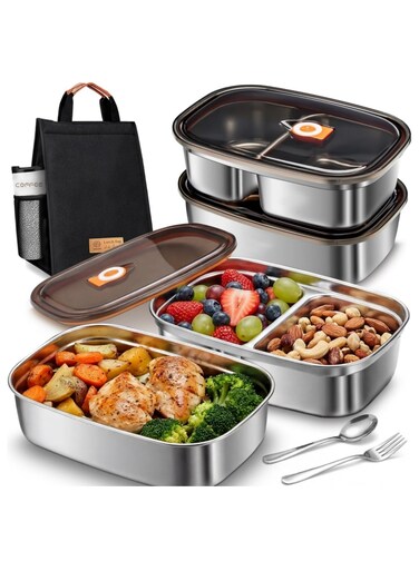 Stainless Steel Lunch Box Adult: 1200ML+1400ML Leakproof 304 Metal Bento Box with Airtight lid - Lightweight Lunchbox for Men Women - for Work Office School Picnic Outside with Thermal Bag &amp; Cutlery
