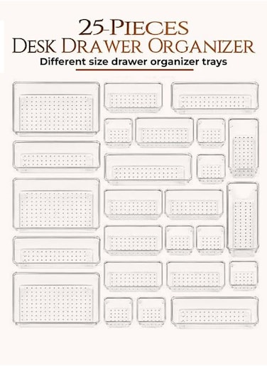 25 piece Clear Plastic Drawer Organizer Tray, Drawer Dividers Storage Bins For Bathroom, Vanity &amp; Accessories Storage, Small &amp; Large Plastic Containers For Makeup, Kitchen &amp; Utensils.