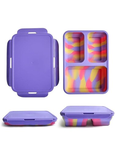 Silicone Collapsible Pop Out lunch Box with 3 Compartments (Purple)