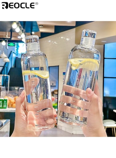 750ML Time-Marked Large Capacity Water Bottle Leak-Proof and Shatter-Resistant High Borosilicate Cup Grade PC Water Bottle Hand Wash Round Lightweight Design for Iced Coffee and Beverages