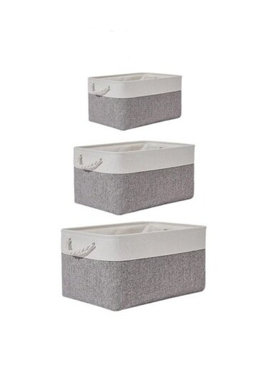 3-Piece Cotton Linen Storage Box Foldable Storage Box With Cotton Handle Grey