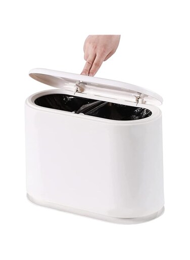 ALMEKAQUZ Grabage Bin, 10L Plastic 2.1 Gallon Small Narrow Garbage Can with Press Top Lid, Dog Proof Wastebasket Trash Can for Bathroom, Living Room, Bedroom, Kitchen, Office, White