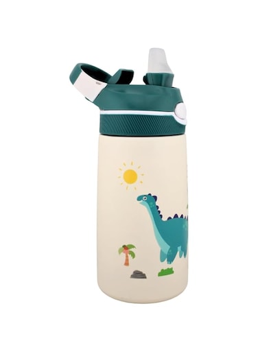 BrainGiggles Stainless Steel Kids Water Bottle with Straw &amp; Handle- Leakproof BPA Free Flask Baby - 400 ml Dinosaur Water Bottle for Kids and Toddlers- Water Bottle for School(Green)