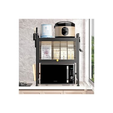 3-Tier Microwave Oven Rack &ndash; Adjustable Metal Kitchen Shelf with Sliding Door Cabinet