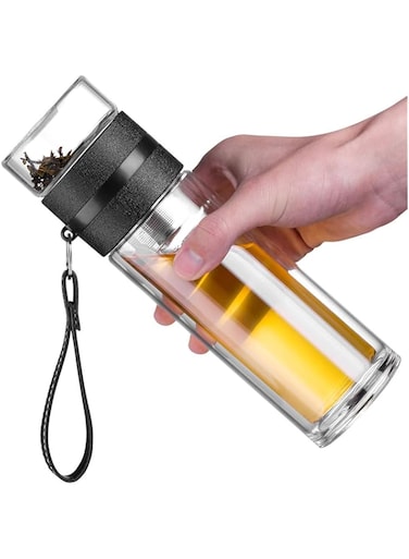 Incrizma Ceoon 13oz Double Wall Glass Water Bottle Tea and Water Separation Tea Bottle Mug Cup with Tea Infuser (Black)