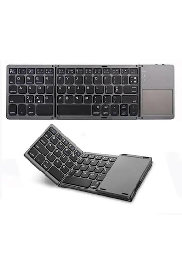 Foldable full-size Bluetooth keyboard with touchpad and PU leather cover for iOS, Windows &amp; travel.