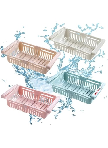 Mechdel Fridge Organizer Drawer, Adjustable Fridge Storage Basket, Fridge Racks Tray Sliding Storage Racks(Random Colour) (Pack Of 4)
