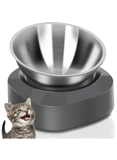 AYADA Raised Cat Food Bowl, Stainless Steel Cat Dish for Food Water Anti Vomiting Elevated with Stand Ergonomic Lifted Slanted Tilted 15 Angle Metal Single Kitty Kitten Wet Food Bowl Pet Bowl (Single)