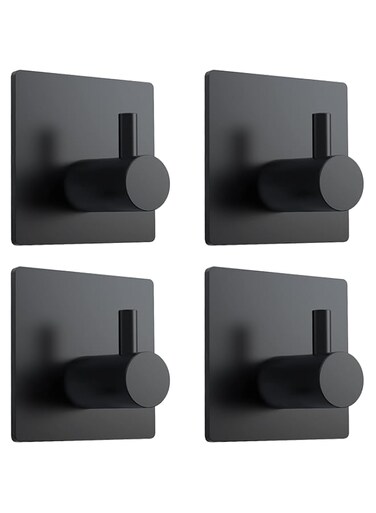 VIS'V Adhesive Hooks, Black Stainless Steel Self Adhesive Bathroom Towel Hooks Heavy Duty Waterproof Kitchen Shower Wall Sticky Hooks Without Nails for Robe Loofah Coat Hat Utensils - 4 Packs