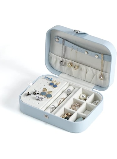 Small Jewelry Box, TYTA PU Leather Jewelry Organizer For Women Portable Travel Jewelry Box Double Layer for Necklace Earring Rings Jewelry Holder Case (Blue)