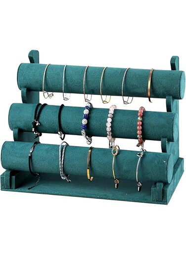 PowerKing Jewellery Stand Organiser, 3 Tier Pure Velvet Bracelet Holder Stand Watch Display Tower for Mom Wife and Girl Friend Gift, Green