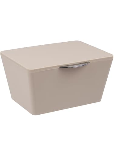 WENKO Box with lid Brasil Taupe - Aufbewahrungskorb, Badkorb mit Deckel, Plastic (TPE), 19 x 10 x 15.5 cm, Taupe