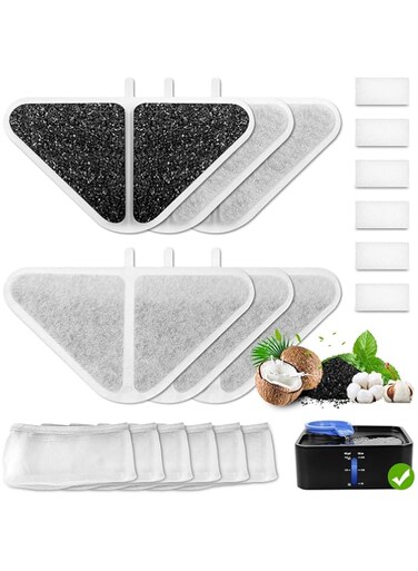 BIGTHREE Dog Water Fountain Filters, Pet Water Dispenser Activated Carbon Filters, 5 Layers Filtration System Fountain Filter, With 6 Filters+ 6 Sponges+6 Mesh, for 230oz 1.8GAL 7L Dog Water Bowl